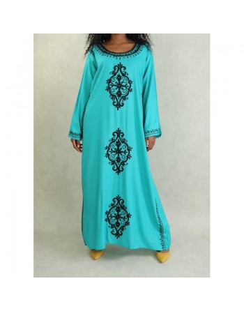 Robe orientale maxi-longue avec de nombreuses broderies à motif fleurs pour femme - Couleur Vert émeraude 