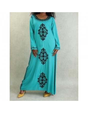 Robe orientale maxi-longue avec de nombreuses broderies à motif fleurs pour femme - Couleur Vert émeraude 