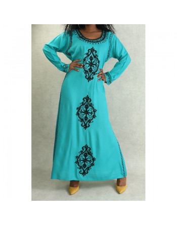 Robe orientale maxi-longue avec de nombreuses broderies à motif fleurs pour femme - Couleur Vert émeraude 