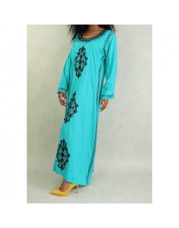 Robe orientale maxi-longue avec de nombreuses broderies à motif fleurs pour femme - Couleur Vert émeraude 