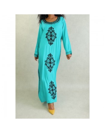 Robe orientale maxi-longue avec de nombreuses broderies à motif fleurs pour femme - Couleur Vert émeraude 