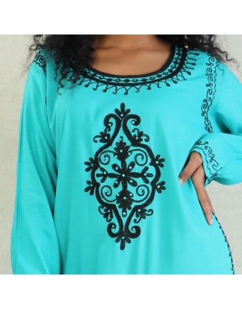 Robe orientale maxi-longue avec de nombreuses broderies à motif fleurs pour femme - Couleur Vert émeraude 