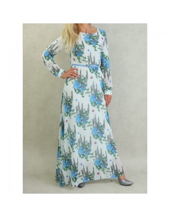Robe longue fluide en mousseline blanche fleurie en bleu avec doublure pour femme 
