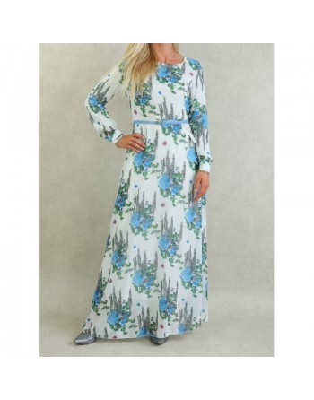 Robe longue fluide en mousseline blanche fleurie en bleu avec doublure pour femme 