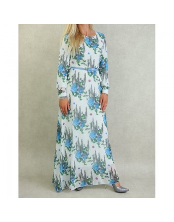 Robe longue fluide en mousseline blanche fleurie en bleu avec doublure pour femme 