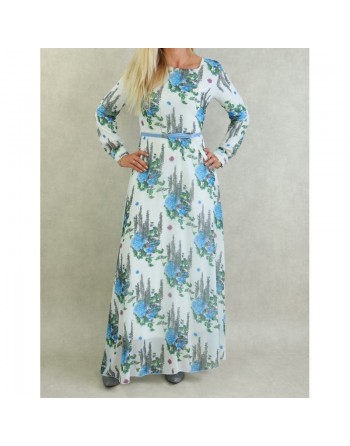 Robe longue fluide en mousseline blanche fleurie en bleu avec doublure pour femme 