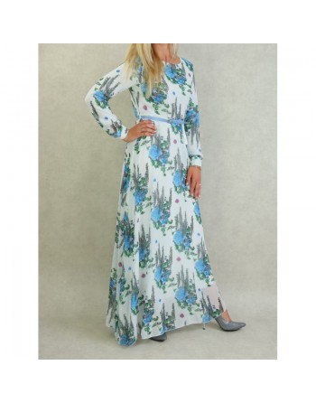 Robe longue fluide en mousseline blanche fleurie en bleu avec doublure pour femme 