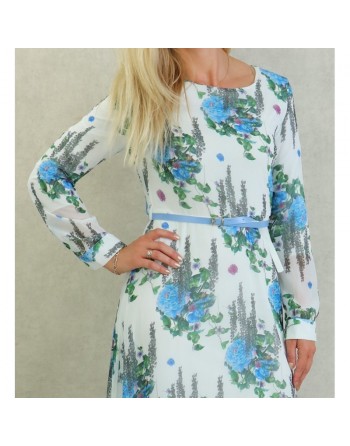 Robe longue fluide en mousseline blanche fleurie en bleu avec doublure pour femme 