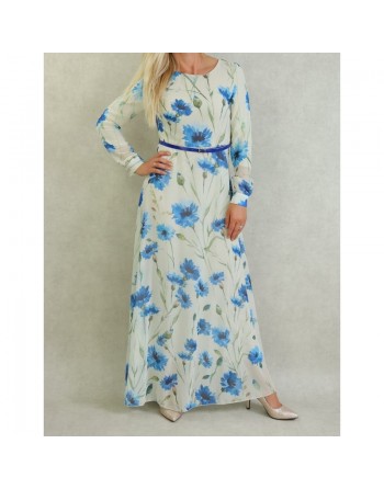 Robe longue fluide en mousseline de couleur blanc cassé avec motifs fleuris bleus et ceinture assortie 