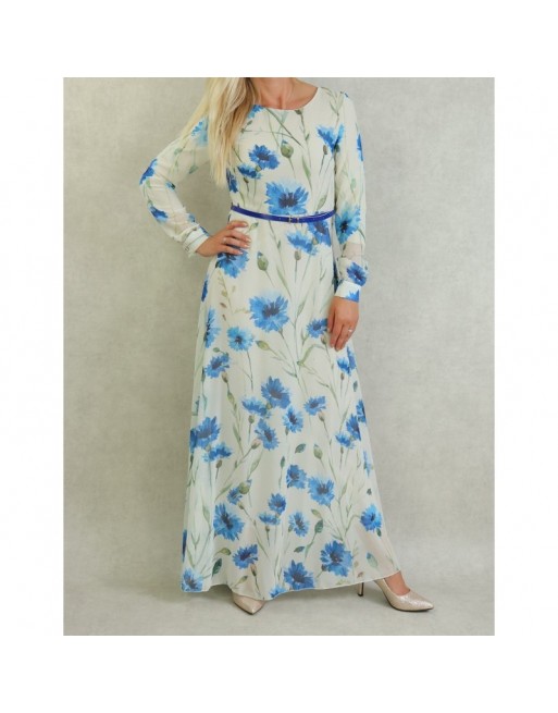 Robe longue fluide en mousseline de couleur blanc cassé avec motifs fleuris bleus et ceinture assortie Robe longue fluide en mousseline de couleur blanc cassé avec motifs fleuris bleus et ceinture assortie