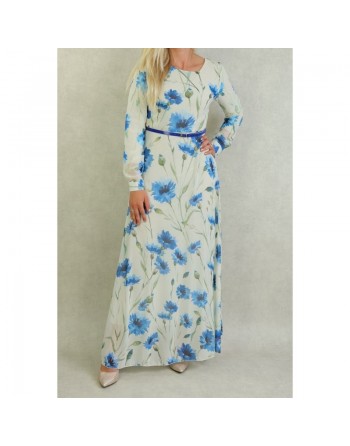 Robe longue fluide en mousseline de couleur blanc cassé avec motifs fleuris bleus et ceinture assortie 
