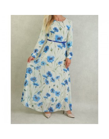 Robe longue fluide en mousseline de couleur blanc cassé avec motifs fleuris bleus et ceinture assortie 