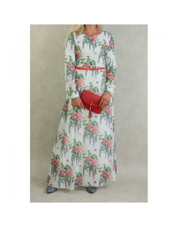 Robe longue en mousseline blanche motifs fleurs saumon avec doublure pour femme 