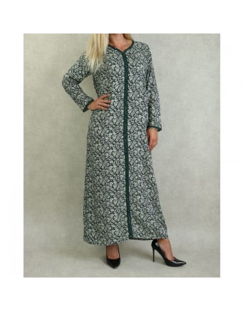 Robe manches longues à fleurs style djellaba marocaine - Couleur Verte foncé 