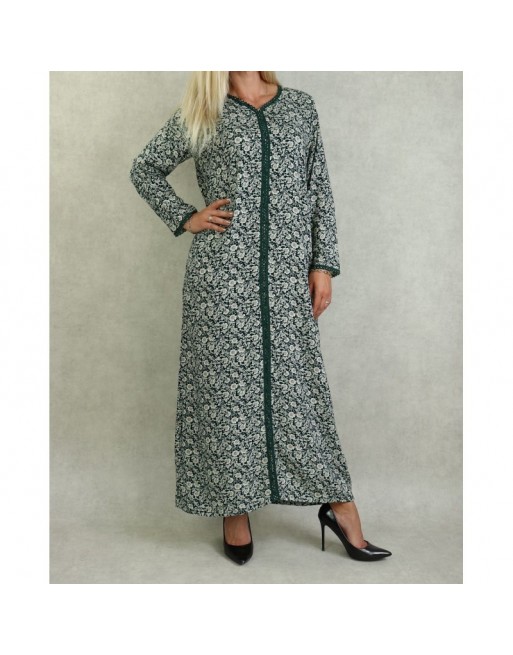 Robe manches longues à fleurs style djellaba marocaine - Couleur Verte foncé Robe manches longues à fleurs style djellaba marocaine - Couleur Verte foncé