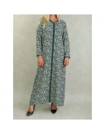 Robe manches longues à fleurs style djellaba marocaine - Couleur Verte foncé 