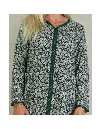 Robe manches longues à fleurs style djellaba marocaine - Couleur Verte foncé 