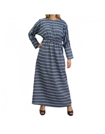 Robe longue en coton pour femme à rayures décorée de boutons (Plusieurs couleurs disponibles) 
