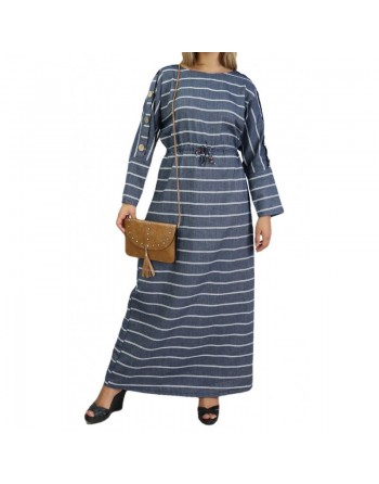 Robe longue en coton pour femme à rayures décorée de boutons (Plusieurs couleurs disponibles) 