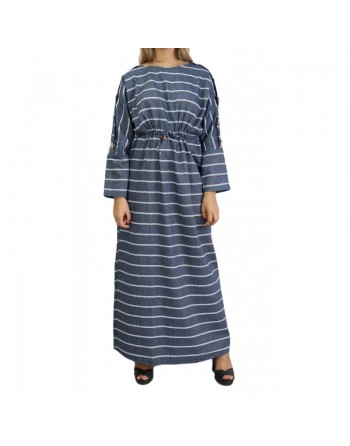 Robe longue en coton pour femme à rayures décorée de boutons (Plusieurs couleurs disponibles) 