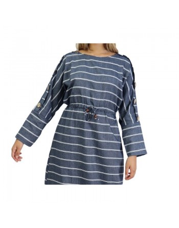 Robe longue en coton pour femme à rayures décorée de boutons (Plusieurs couleurs disponibles) 