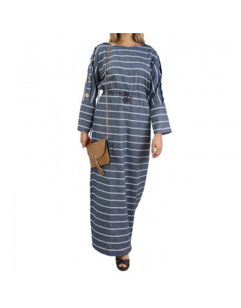 Robe longue en coton pour femme à rayures décorée de boutons (Plusieurs couleurs disponibles) 
