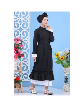 Robe-Chemise longue boutonnée avec ceinture de couleur noir (Vêtement moderne turque pour femme musulmane) 