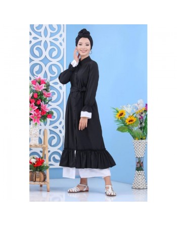 Robe-Chemise longue boutonnée avec ceinture de couleur noir (Vêtement moderne turque pour femme musulmane) 