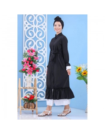 Robe-Chemise longue boutonnée avec ceinture de couleur noir (Vêtement moderne turque pour femme musulmane) 