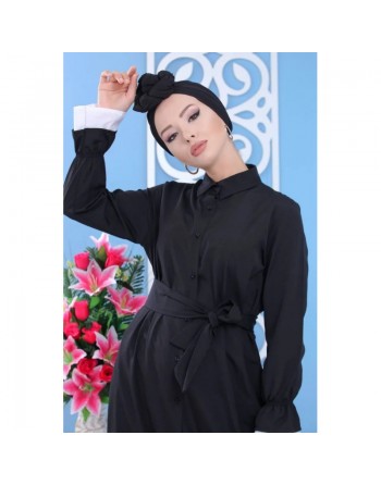 Robe-Chemise longue boutonnée avec ceinture de couleur noir (Vêtement moderne turque pour femme musulmane) 
