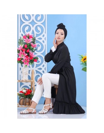 Robe-Chemise longue boutonnée avec ceinture de couleur noir (Vêtement moderne turque pour femme musulmane) 