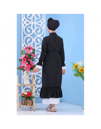 Robe-Chemise longue boutonnée avec ceinture de couleur noir (Vêtement moderne turque pour femme musulmane) 