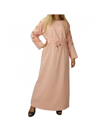 Robe longue en coton pour femme à rayures décorée de boutons - Couleur rose saumon 