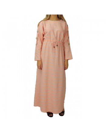 Robe longue en coton pour femme à rayures décorée de boutons - Couleur rose saumon 