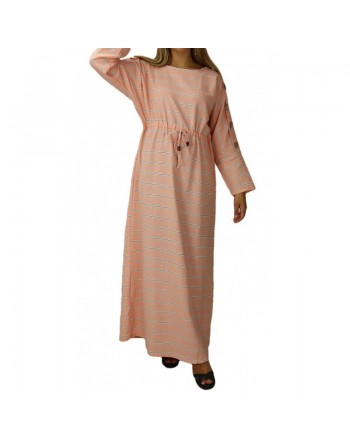 Robe longue en coton pour femme à rayures décorée de boutons - Couleur rose saumon 