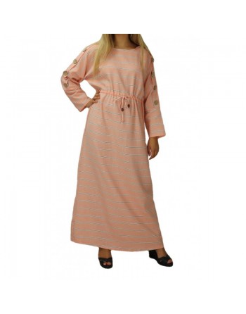 Robe longue en coton pour femme à rayures décorée de boutons - Couleur rose saumon 