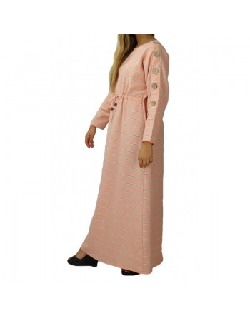 Robe longue en coton pour femme à rayures décorée de boutons - Couleur rose saumon 