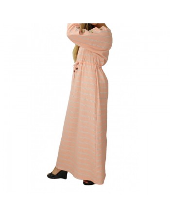 Robe longue en coton pour femme à rayures décorée de boutons - Couleur rose saumon 