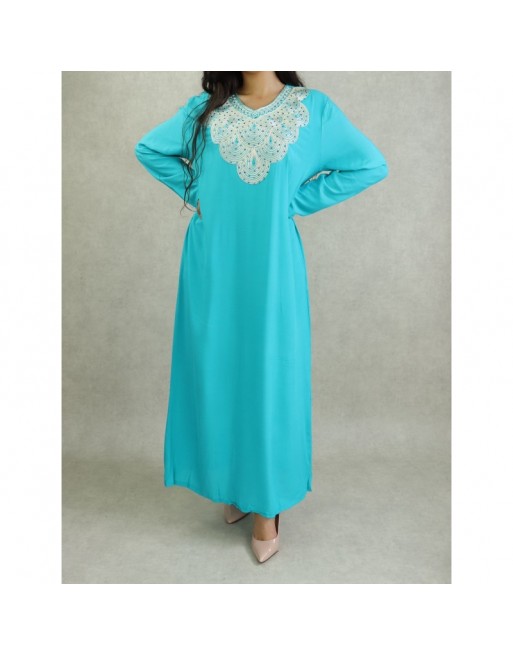 Robe orientale longue avec broderies - Manches longues - Couleur Bleu turquoi Robe orientale longue avec broderies - Manches longues - Couleur Bleu turquoi