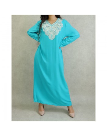 Robe orientale longue avec broderies - Manches longues - Couleur Bleu turquoi 