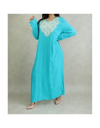 Robe orientale longue avec broderies - Manches longues - Couleur Bleu turquoi 