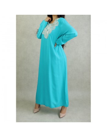 Robe orientale longue avec broderies - Manches longues - Couleur Bleu turquoi 