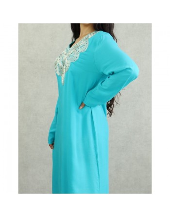 Robe orientale longue avec broderies - Manches longues - Couleur Bleu turquoi 