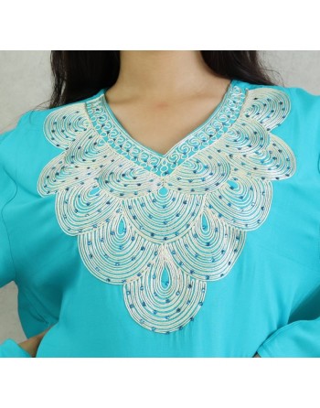 Robe orientale longue avec broderies - Manches longues - Couleur Bleu turquoi 