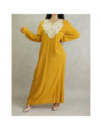 Robe orientale longue avec broderies - Manches longues - Couleur Jaune Moutarde 