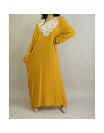 Robe orientale longue avec broderies - Manches longues - Couleur Jaune Moutarde 