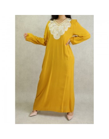 Robe orientale longue avec broderies - Manches longues - Couleur Jaune Moutarde 
