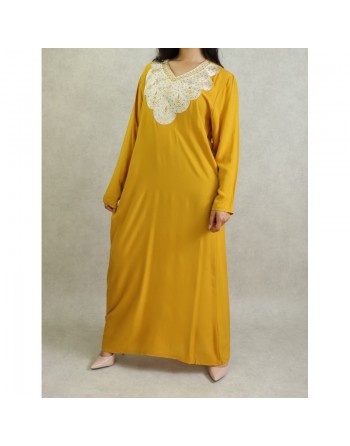 Robe orientale longue avec broderies - Manches longues - Couleur Jaune Moutarde 