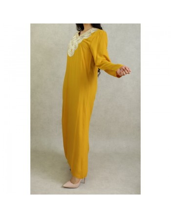 Robe orientale longue avec broderies - Manches longues - Couleur Jaune Moutarde 