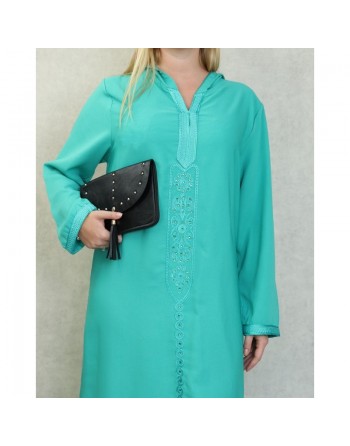Djellaba marocaine brodée à capuche et manches longues pour femme - Couleur Vert 